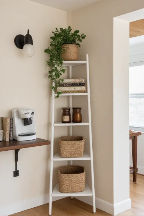 Corner ladder shelf pantry nook