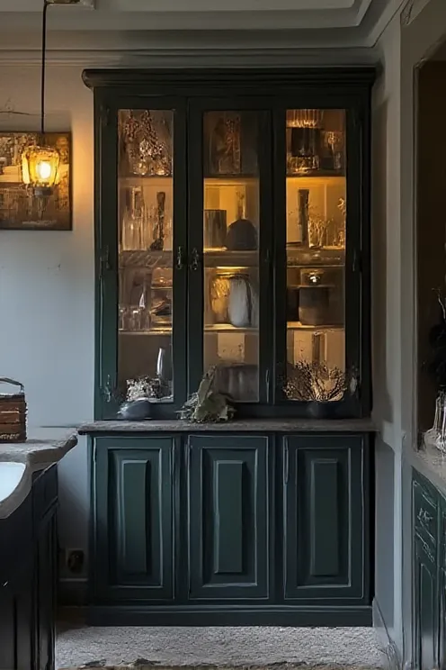 Dark academia glass-front vertical cabinet