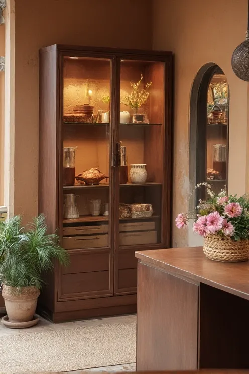 South Asian Fusion Brass-Trim Corner Cabinet