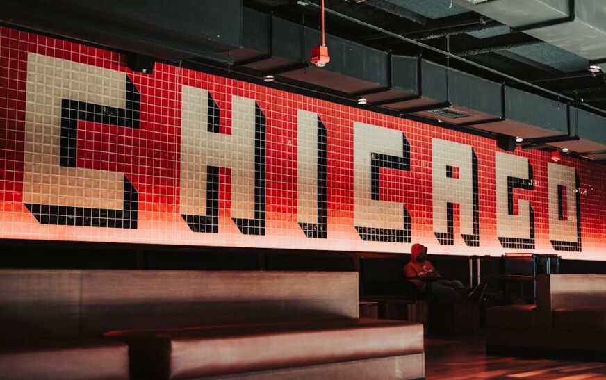 A large sign that reads chicago on it