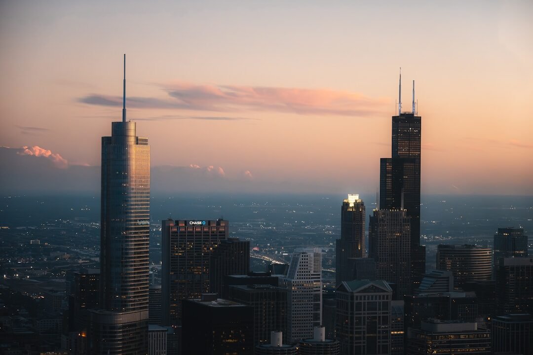 A view of a city at dusk from a high rise