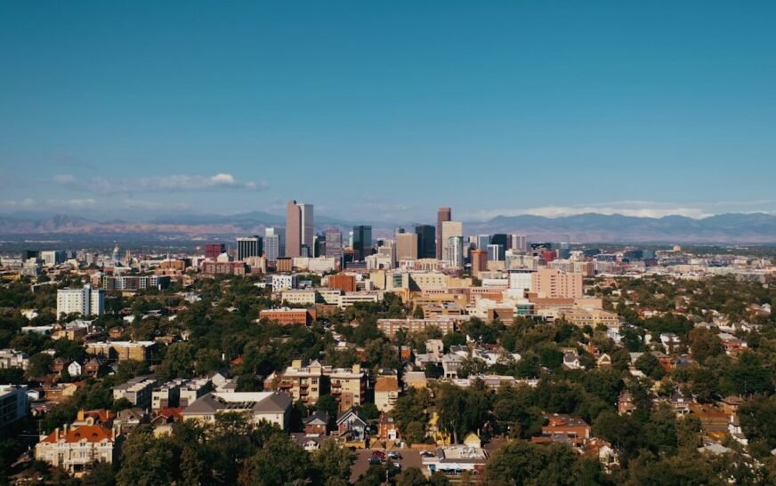 a view of a city with mountains in the background