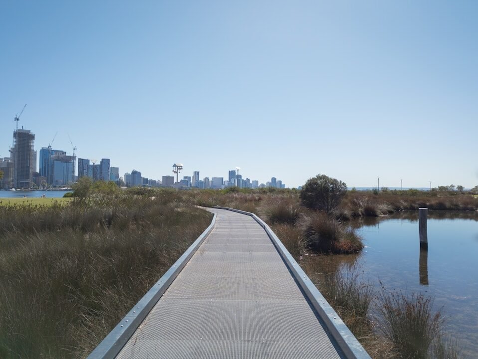 a boardwalk leading to a body of water with a city in the background