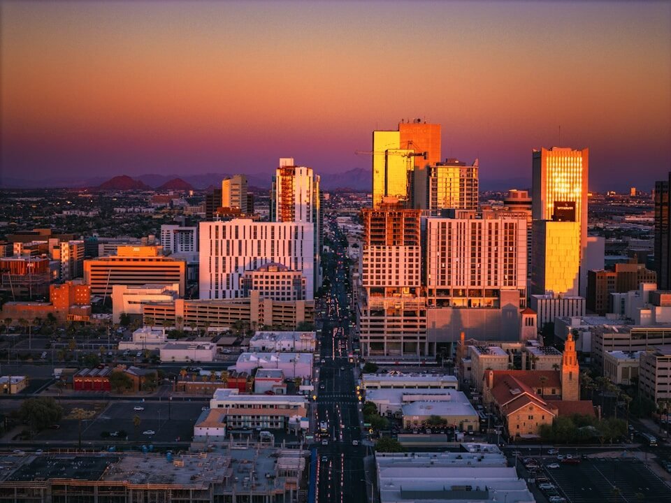 A view of a city with tall buildings