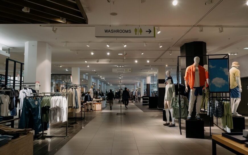 Inside of a department store with clothes on display.
