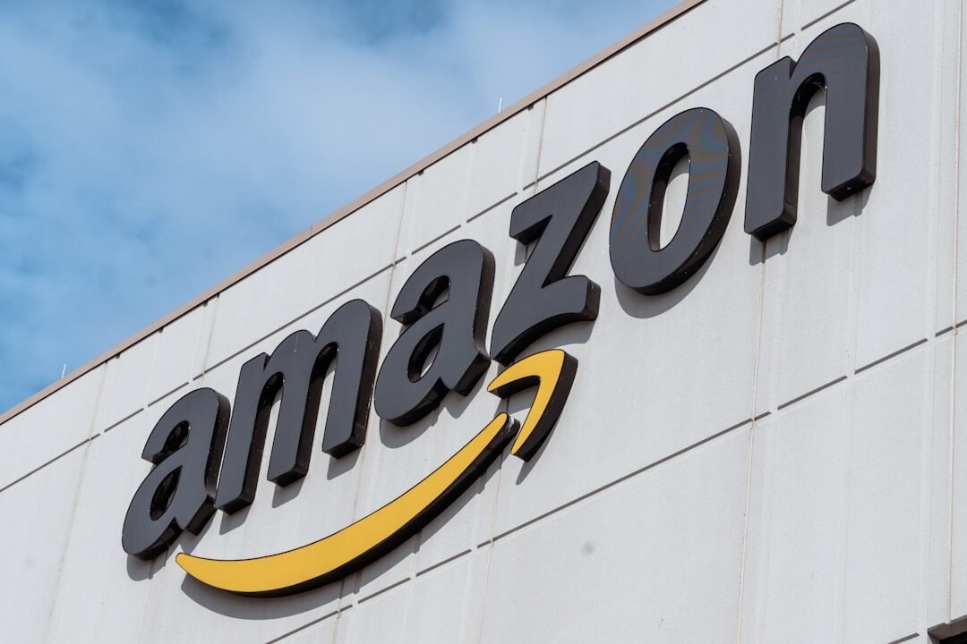 The amazon logo is displayed on a building